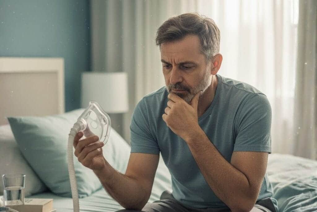 Man holding CPAP machine while thinking about sleep apnea